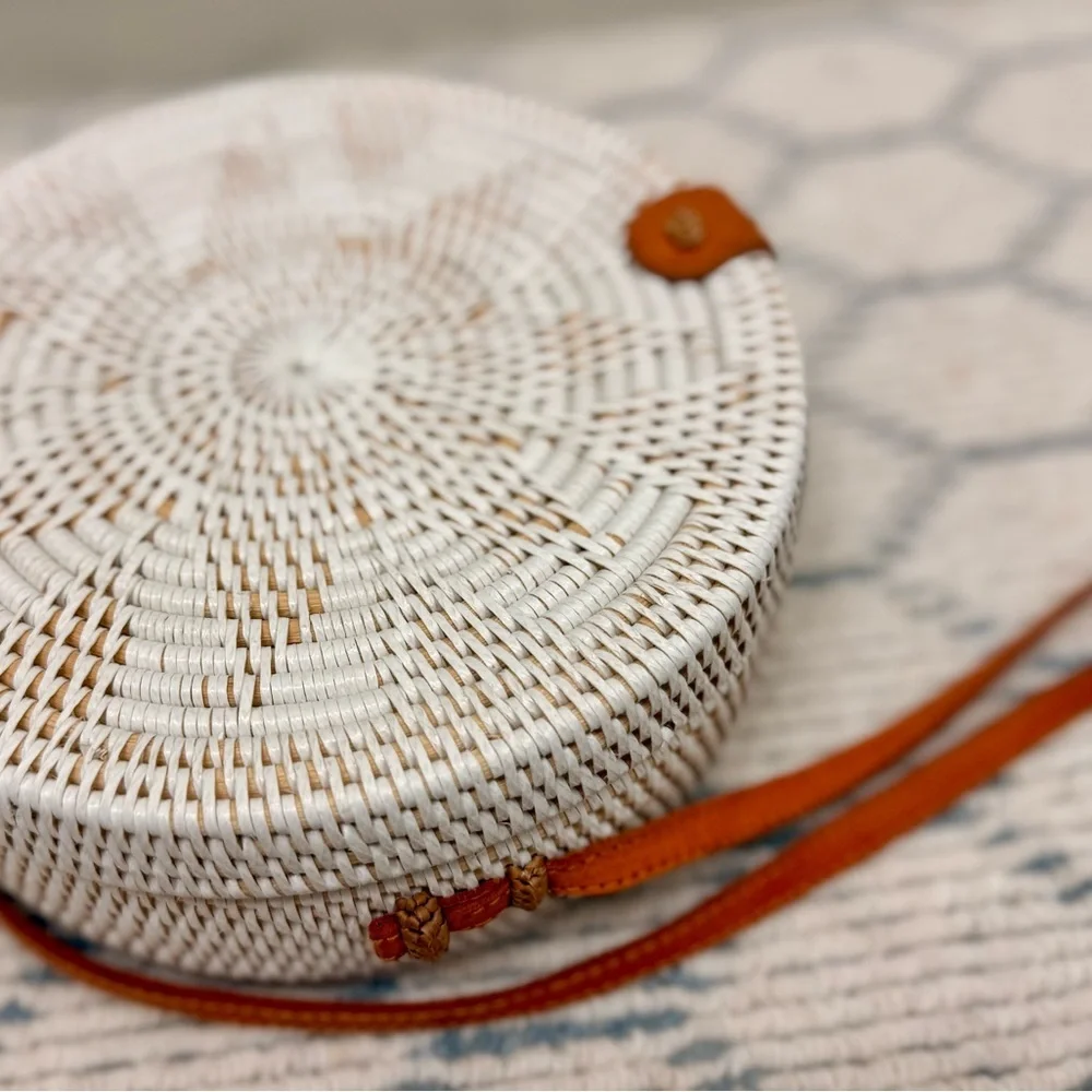 HANDMADE White Woven Boho Rattan Round Crossbody Leather Strap Tropical Lining